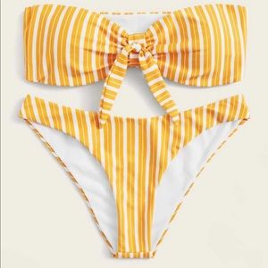 Striped knot front bandeau bikini set